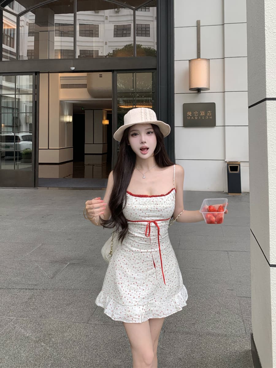 실사 여름 섹시함 꽃무늬 슬립 드레스 타이트 스커트 여성 이미지 4