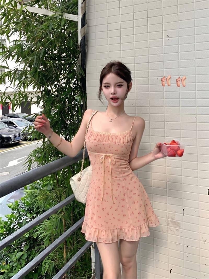 실사 여름 섹시함 꽃무늬 슬립 드레스 타이트 스커트 여성 상세 이미지 1
