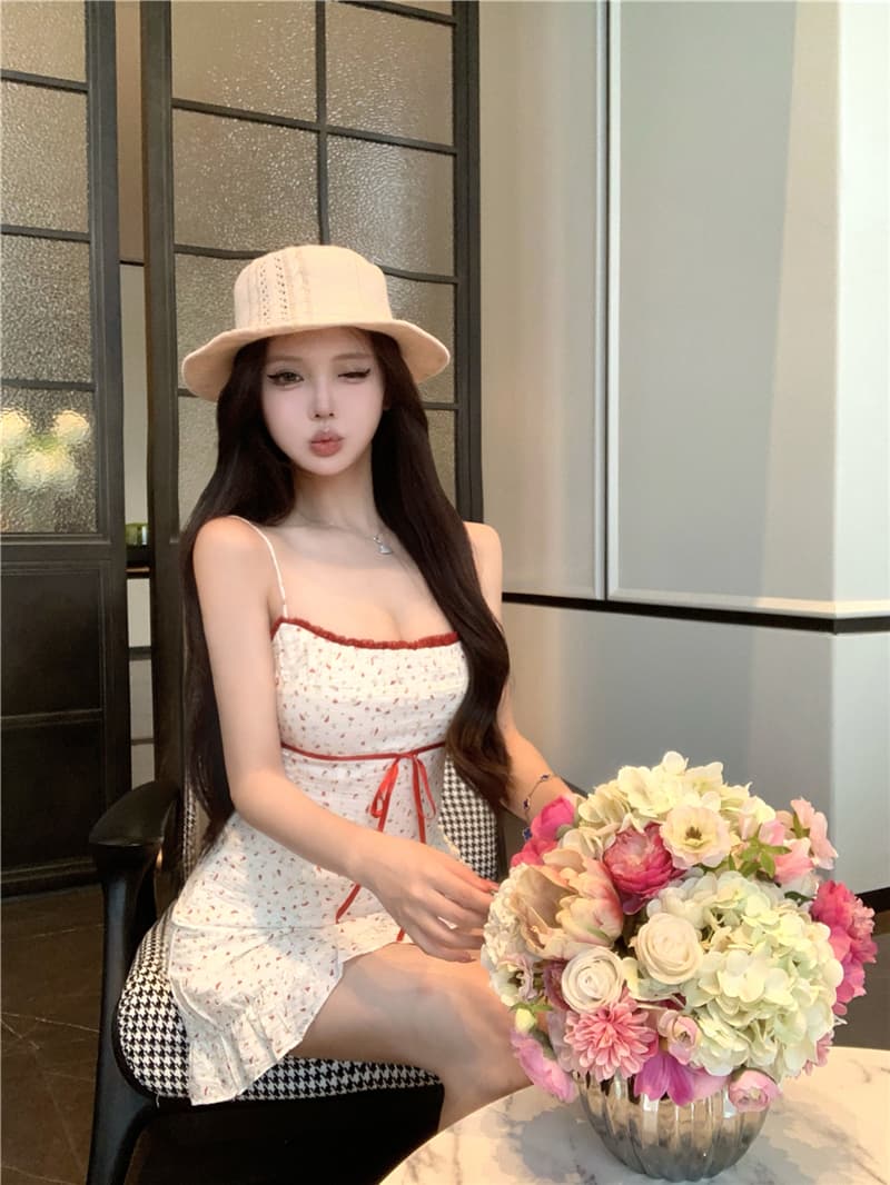 실사 여름 섹시함 꽃무늬 슬립 드레스 타이트 스커트 여성 상세 이미지 15