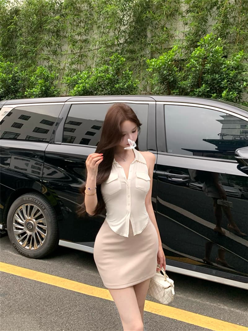 실사 여름 레트로 섹시함 몸매 가꾸기 슬림해 보이는 민소매 슈퍼 부드러운 니트 맨위 하이웨이스트 타이트 스커트 반신 치마 세트 여성 상세 이미지 5
