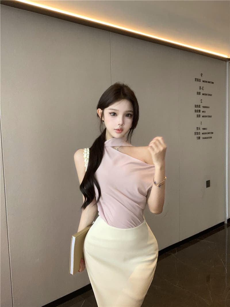 실사 여름 섹시함 출퇴근 리본 민소매 쉬폰 톱 하이웨이스트 타이트 스커트 반신 치마 세트 여성 상세 이미지 1