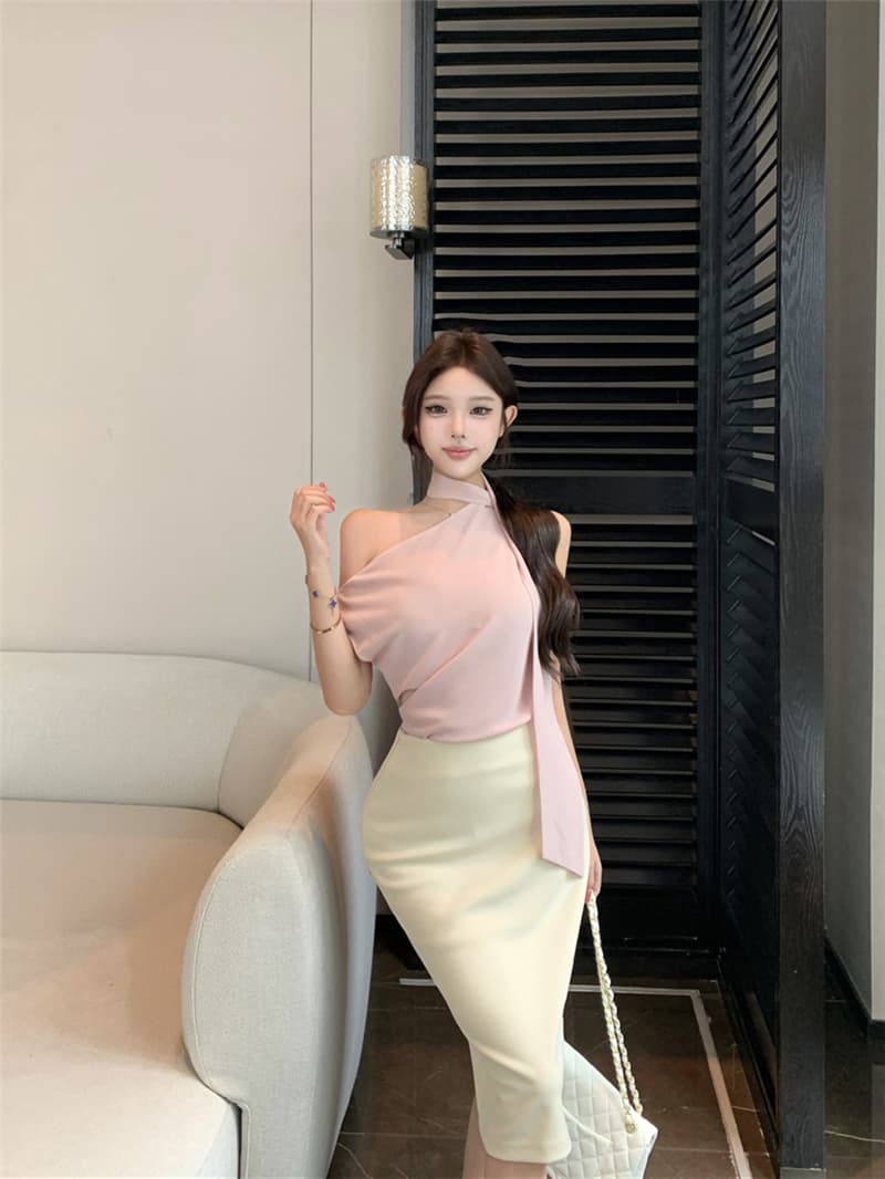 실사 여름 섹시함 출퇴근 리본 민소매 쉬폰 톱 하이웨이스트 타이트 스커트 반신 치마 세트 여성 상세 이미지 19