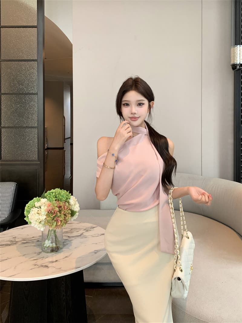 실사 여름 섹시함 출퇴근 리본 민소매 쉬폰 톱 하이웨이스트 타이트 스커트 반신 치마 세트 여성 상세 이미지 23