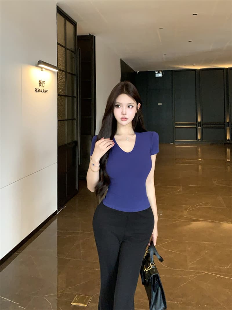 실사 여름 레트로 섹시함 V넥 긍정적 인 어깨 티셔츠 다용도 슬림해 보이는 기초 섹션 검정색 요가 바지 긴 바지 여성 상세 이미지 14
