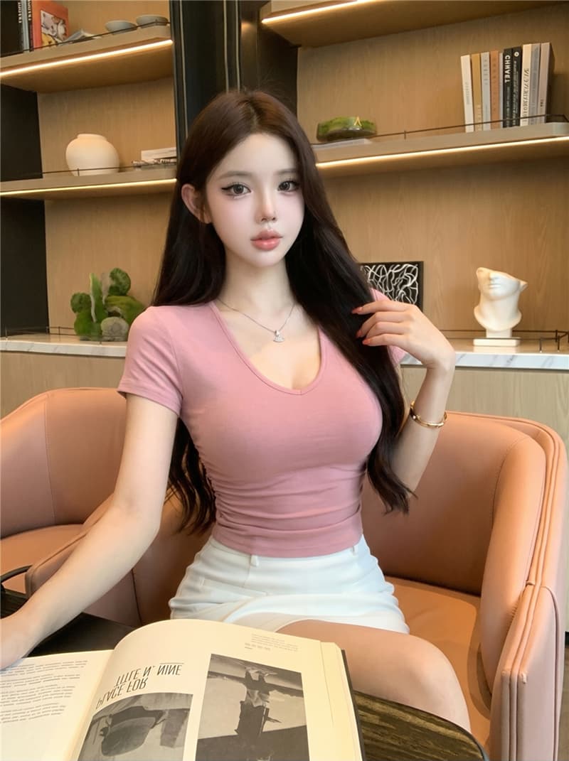 실사 여름 레트로 섹시함 V넥 긍정적 인 어깨 티셔츠 다용도 슬림해 보이는 기초 섹션 검정색 요가 바지 긴 바지 여성 상세 이미지 19