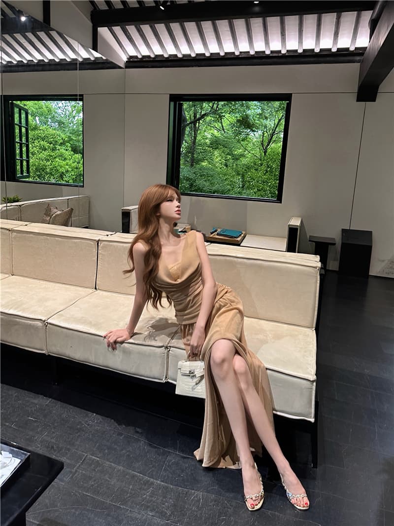 실사 여름 레트로 섹시함 흔들다 칼라 레이스 레이스 홀로우 아웃 패션 드레스 롱 스커트 여성 상세 이미지 10