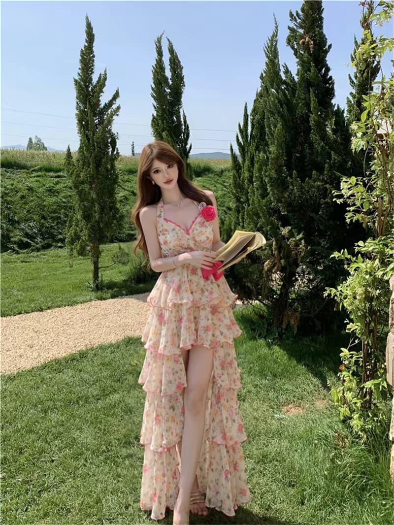 실사 여름 섹시함 휴가 바람 V넥 행침 목 슬립 꽃무늬 케이크 드레스 롱 스커트 보내기 인사이드 가져 가라. 반바지 여성 상세 이미지 9