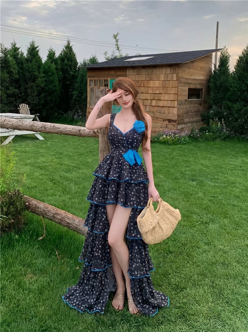 실사 여름 섹시함 휴가 바람 V넥 행침 목 슬립 꽃무늬 케이크 드레스 롱 스커트 보내기 인사이드 가져 가라. 반바지 여성 상세 이미지 16