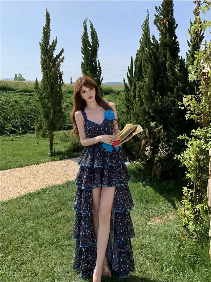 실사 여름 섹시함 휴가 바람 V넥 행침 목 슬립 꽃무늬 케이크 드레스 롱 스커트 보내기 인사이드 가져 가라. 반바지 여성 상세 이미지 17