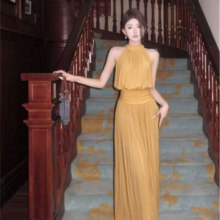 실사 여름 섹시함 휴가 바람 세트 행침 목 캐미솔 맨위 빅 플레어 스커트 플리츠 롱 스커트 두 조각 여성 세트 이미지 5