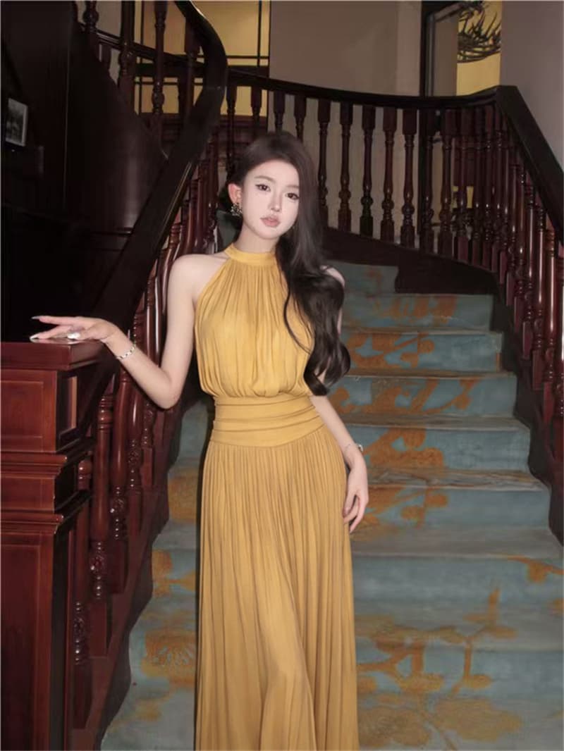 실사 여름 섹시함 휴가 바람 세트 행침 목 캐미솔 맨위 빅 플레어 스커트 플리츠 롱 스커트 두 조각 여성 세트 상세 이미지 14