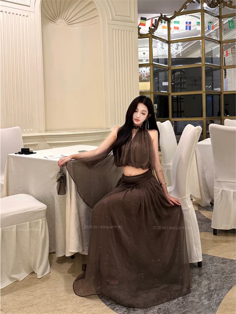 실사 여름 레트로 섹시함 V넥 고급 아름다운 오래된 돈 바람 맨위 플리츠 반신 스커트 롱 스커트 두 조각 여성 세트 상세 이미지 9