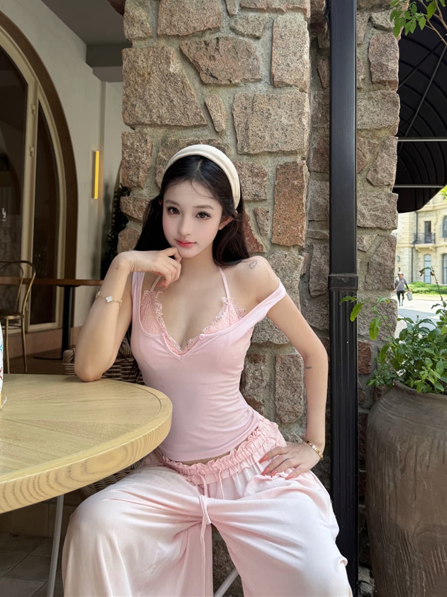 실사 여름 섹시함 레이스 아름다움 멜빵 가슴 패드 캐미솔 바지 긴 바지 세 조각 여성 세트 이미지 4