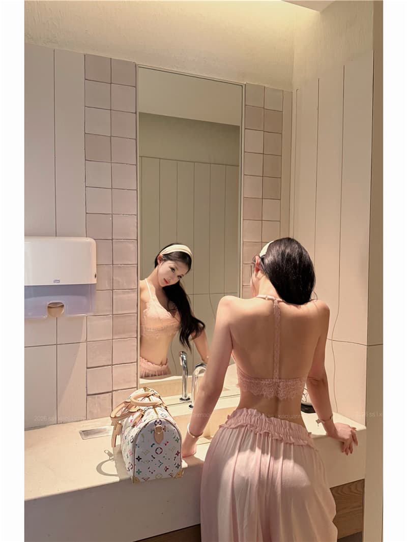 실사 여름 섹시함 레이스 아름다움 멜빵 가슴 패드 캐미솔 바지 긴 바지 세 조각 여성 세트 상세 이미지 16