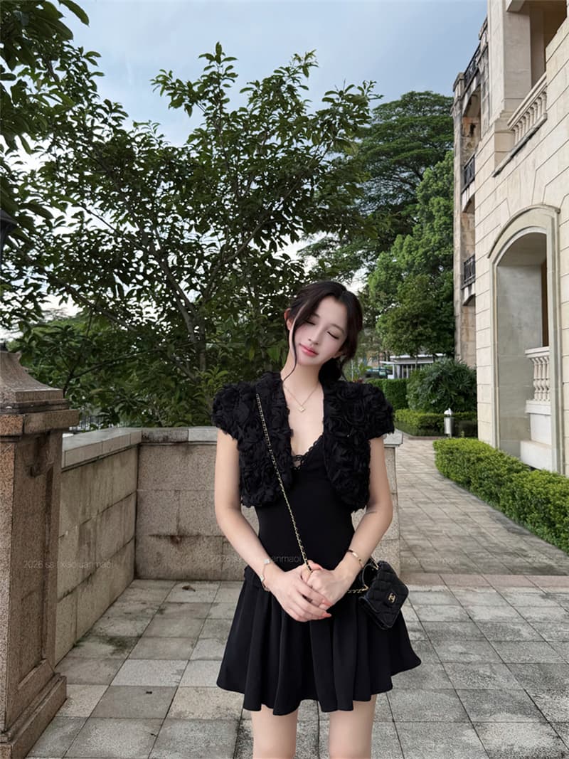 실사 여름 섹시함 V넥 슬립 맨위 반신 스커트 짧은 치마바지 꽃 외부 가져 가라. 오픈 가디건 세 조각 여성 세트 상세 이미지 8
