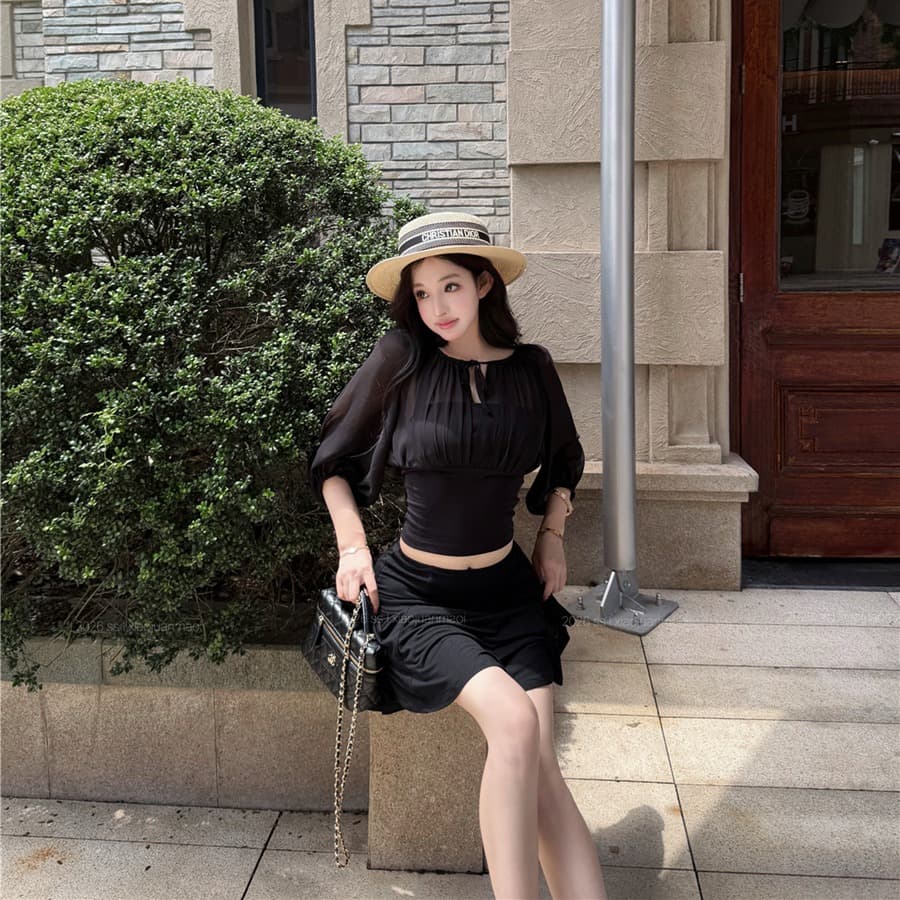 실사 얇은 스타일 벌룬 소매 페이크 레이어드 쉬폰 싸움 니트 맨위 하이웨이스트 진자 캐주얼 품격 중간 길이 스커트 아이들 이미지 5