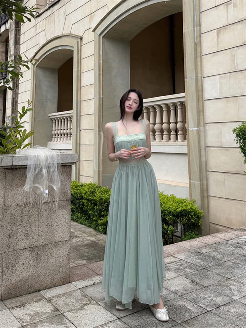 실사 여름 섹시함 휴가 바람 광장 칼라 레이스 조각 슬림해 보이는 큰 진자 드레스 롱 스커트 여성 상세 이미지 4