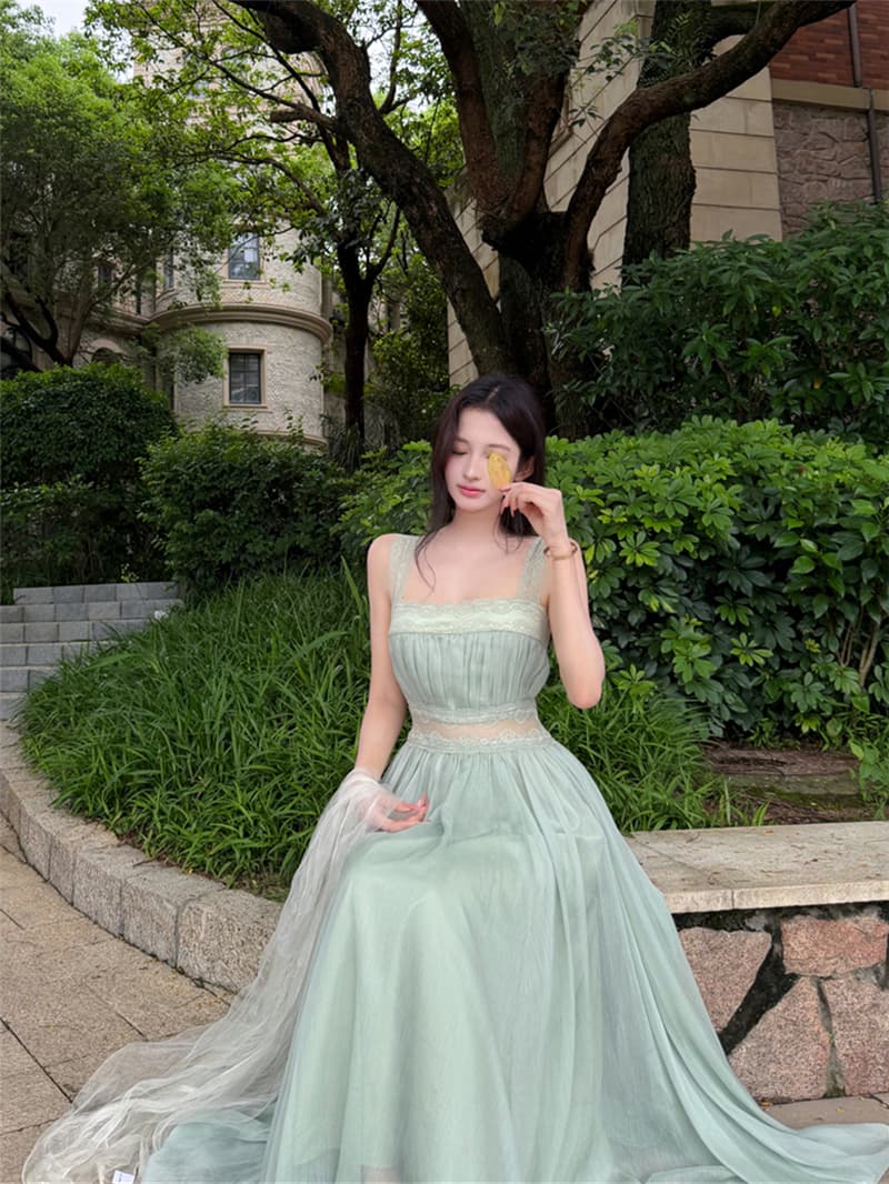 실사 여름 섹시함 휴가 바람 광장 칼라 레이스 조각 슬림해 보이는 큰 진자 드레스 롱 스커트 여성 상세 이미지 6