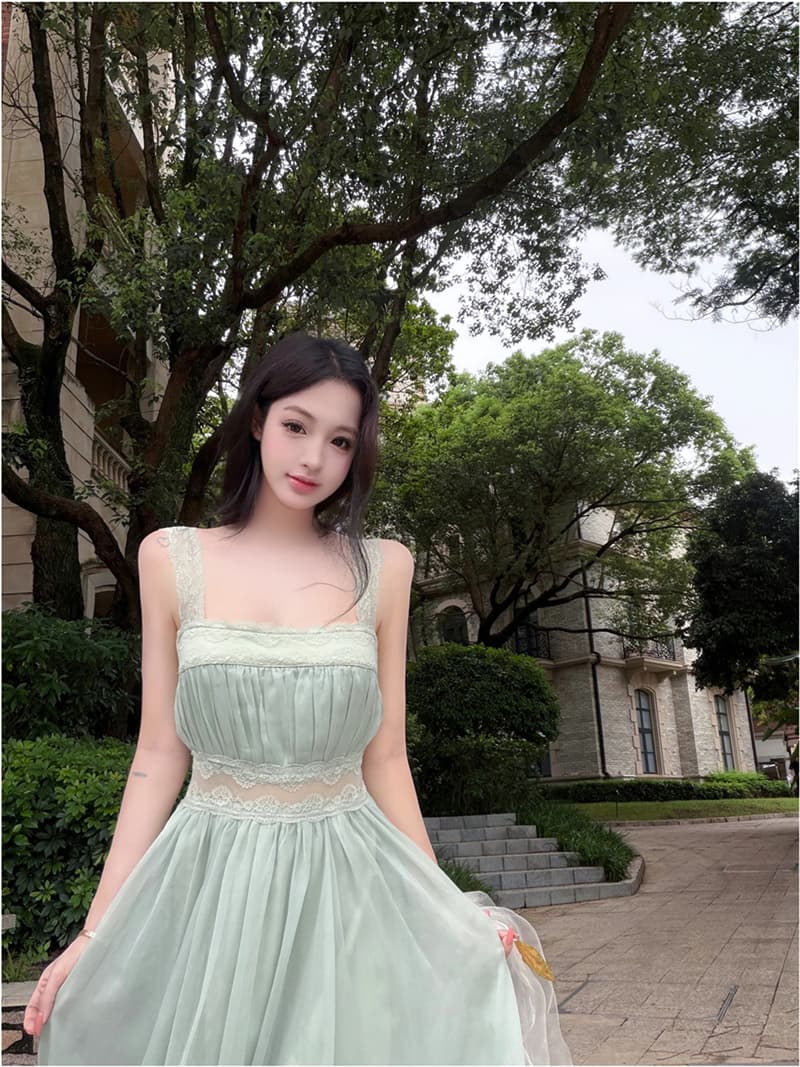 실사 여름 섹시함 휴가 바람 광장 칼라 레이스 조각 슬림해 보이는 큰 진자 드레스 롱 스커트 여성 상세 이미지 9