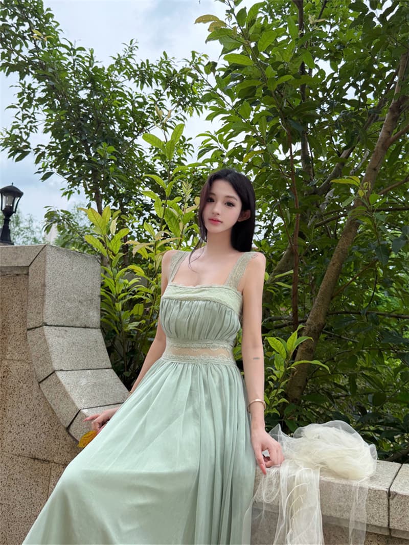 실사 여름 섹시함 휴가 바람 광장 칼라 레이스 조각 슬림해 보이는 큰 진자 드레스 롱 스커트 여성 상세 이미지 10
