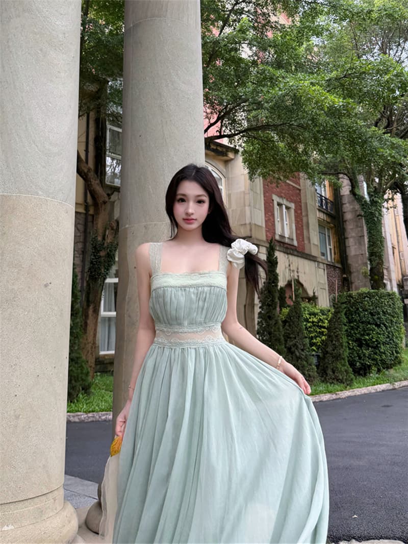실사 여름 섹시함 휴가 바람 광장 칼라 레이스 조각 슬림해 보이는 큰 진자 드레스 롱 스커트 여성 상세 이미지 11