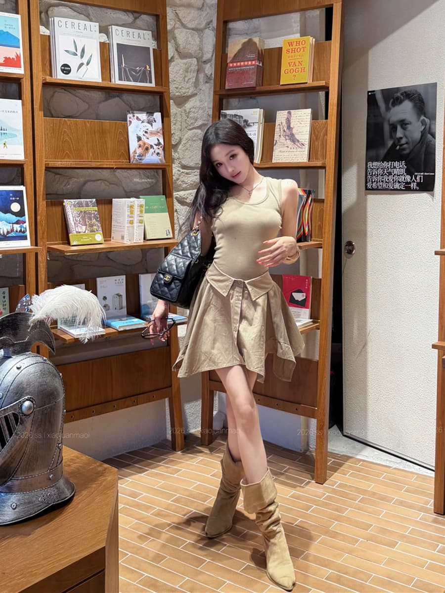 실사 여름 섹시함 아름다운 민소매 조끼 불규칙 셔츠 드레스 페이크 레이어드 치마 여성 이미지 4