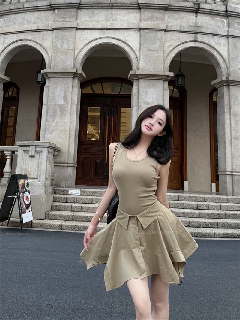 실사 여름 섹시함 아름다운 민소매 조끼 불규칙 셔츠 드레스 페이크 레이어드 치마 여성 상세 이미지 2