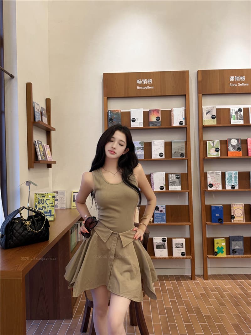실사 여름 섹시함 아름다운 민소매 조끼 불규칙 셔츠 드레스 페이크 레이어드 치마 여성 상세 이미지 15