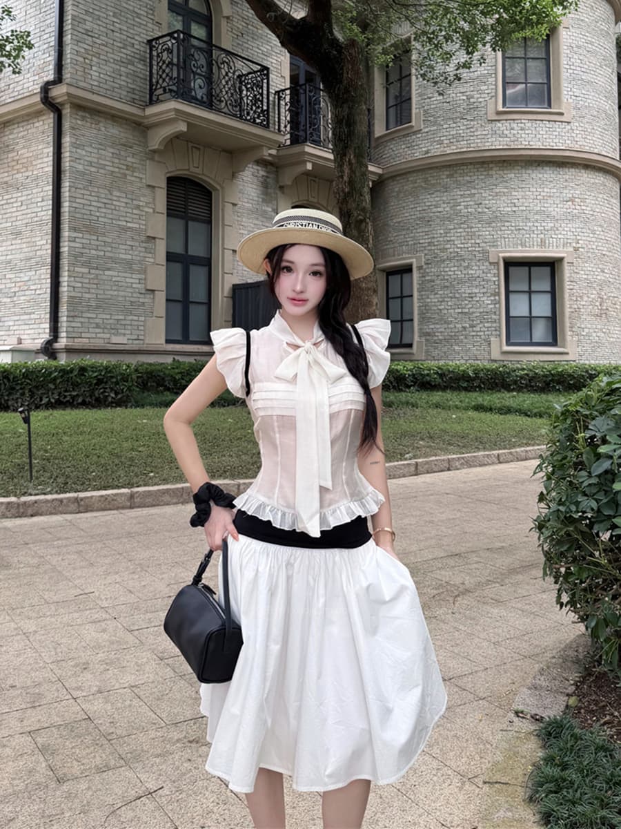실사 여름 나비 넥타이 작은 날다 소매 셔츠 맨위 흑인과 백인 배색 와이드 허리 머리 반신 치마 세트 여성 이미지 2