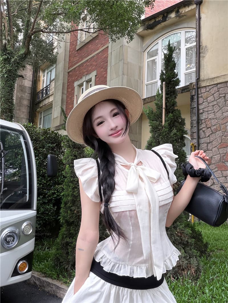 실사 여름 나비 넥타이 작은 날다 소매 셔츠 맨위 흑인과 백인 배색 와이드 허리 머리 반신 치마 세트 여성 상세 이미지 2