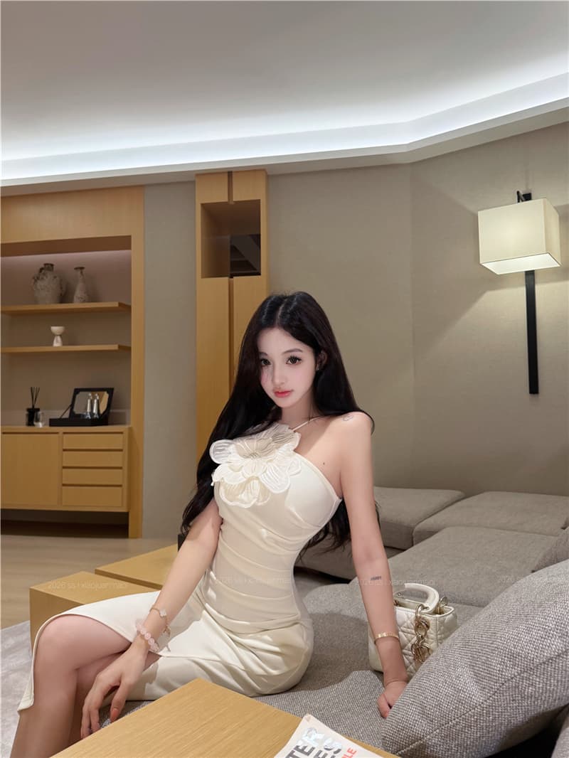 실사 여름 섹시함 슬림해 보이는 3 차원 꽃 슬립 행침 목 트임 타이트 스커트 여성 드레스 상세 이미지 5