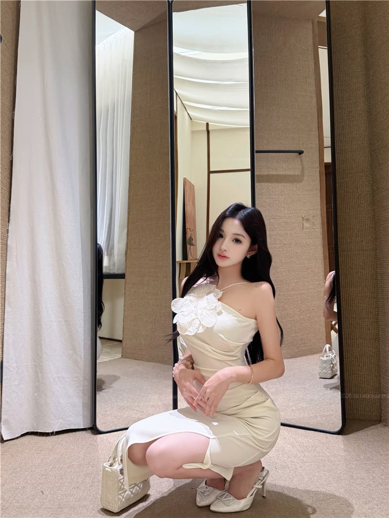 실사 여름 섹시함 슬림해 보이는 3 차원 꽃 슬립 행침 목 트임 타이트 스커트 여성 드레스 상세 이미지 9
