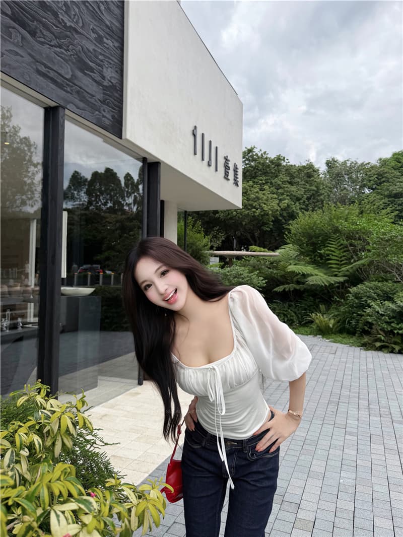 실사 여름 섹시함 화이트 벌룬 소매 마이크로 ~을 통해 쉬폰 블라우스 맨위 여성 상세 이미지 11