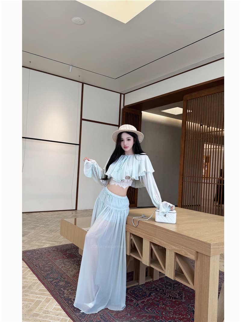실사 여름 섹시함 부드러운 아름다운 망토 숄 쉬폰 블라우스 맨위 슬림해 보이는 아름다움 뒤로 높은 허리 바지 치마 세트 여성 상세 이미지 11