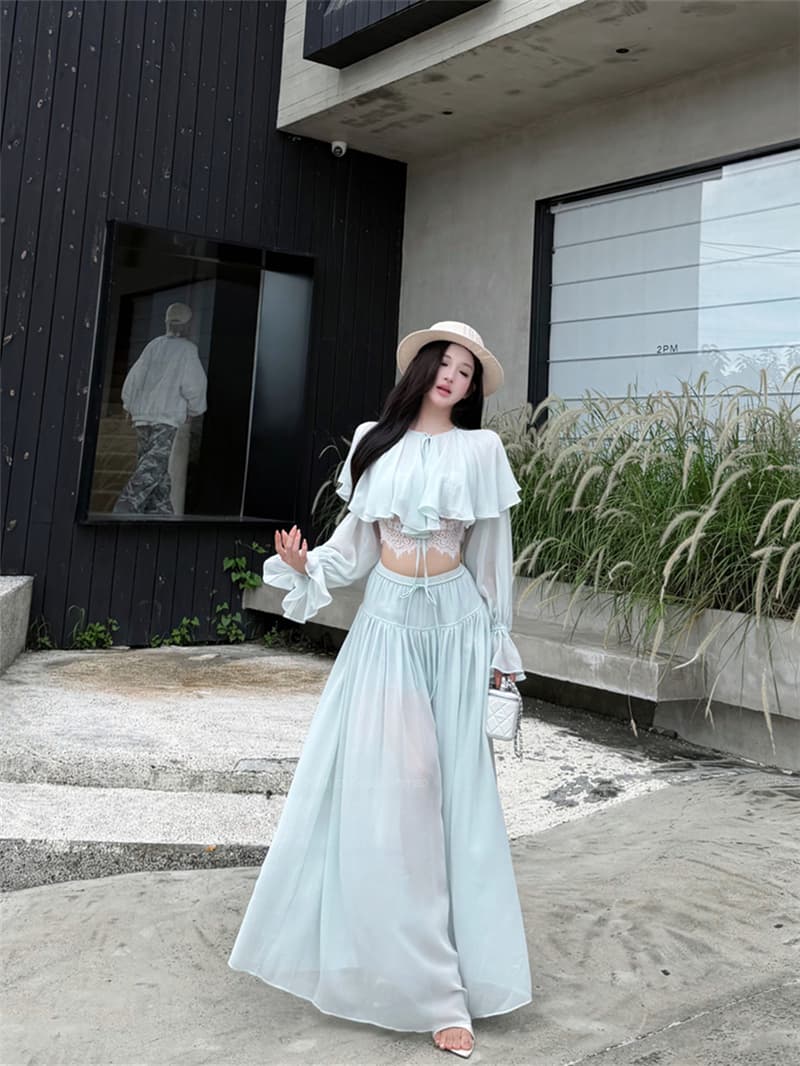 실사 여름 섹시함 부드러운 아름다운 망토 숄 쉬폰 블라우스 맨위 슬림해 보이는 아름다움 뒤로 높은 허리 바지 치마 세트 여성 상세 이미지 17