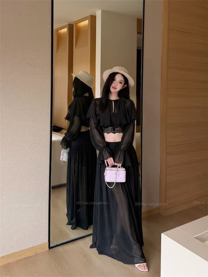 실사 여름 섹시함 부드러운 아름다운 망토 숄 쉬폰 블라우스 맨위 슬림해 보이는 아름다움 뒤로 높은 허리 바지 치마 세트 여성 상세 이미지 23