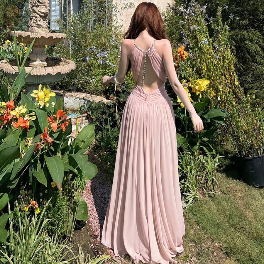 실사 여름 섹시함 행침 목 망사 펌프 Pleat 허리 수축 슬림해 보이는 백리스 드레스 못 체인 길이 치마 여성 이미지 5