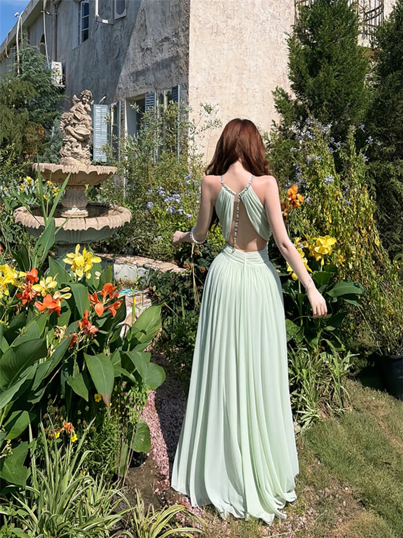 실사 여름 섹시함 행침 목 망사 펌프 Pleat 허리 수축 슬림해 보이는 백리스 드레스 못 체인 길이 치마 여성 상세 이미지 5