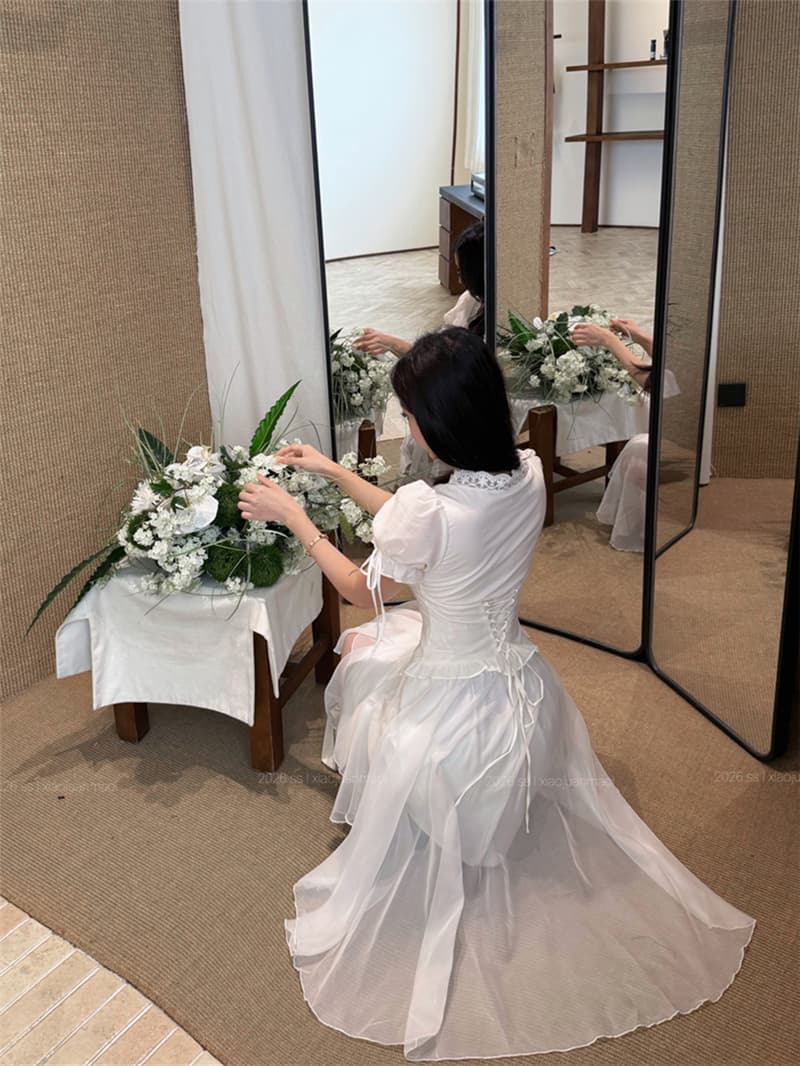 실사 여름 섹시함 V넥 거품 소매 뒤로 스트랩 슬림해 보이는 셔츠 불규칙 다용도 반신 치마 세트 여성 상세 이미지 4