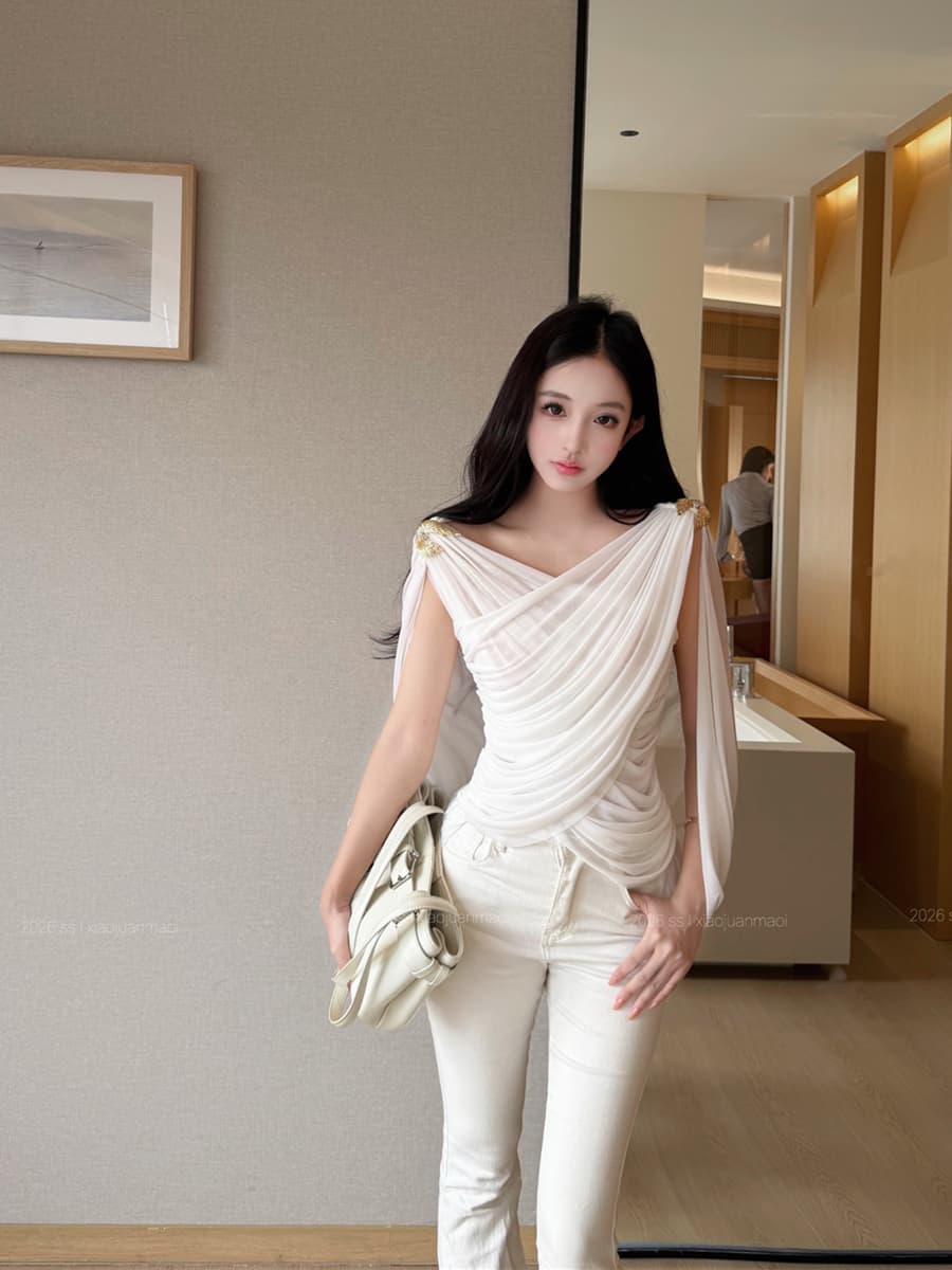 실사 여름 섹시함 화이트 도루 센스 펌프 Pleat 십자가 금속 조끼 맨위 여성 이미지 2