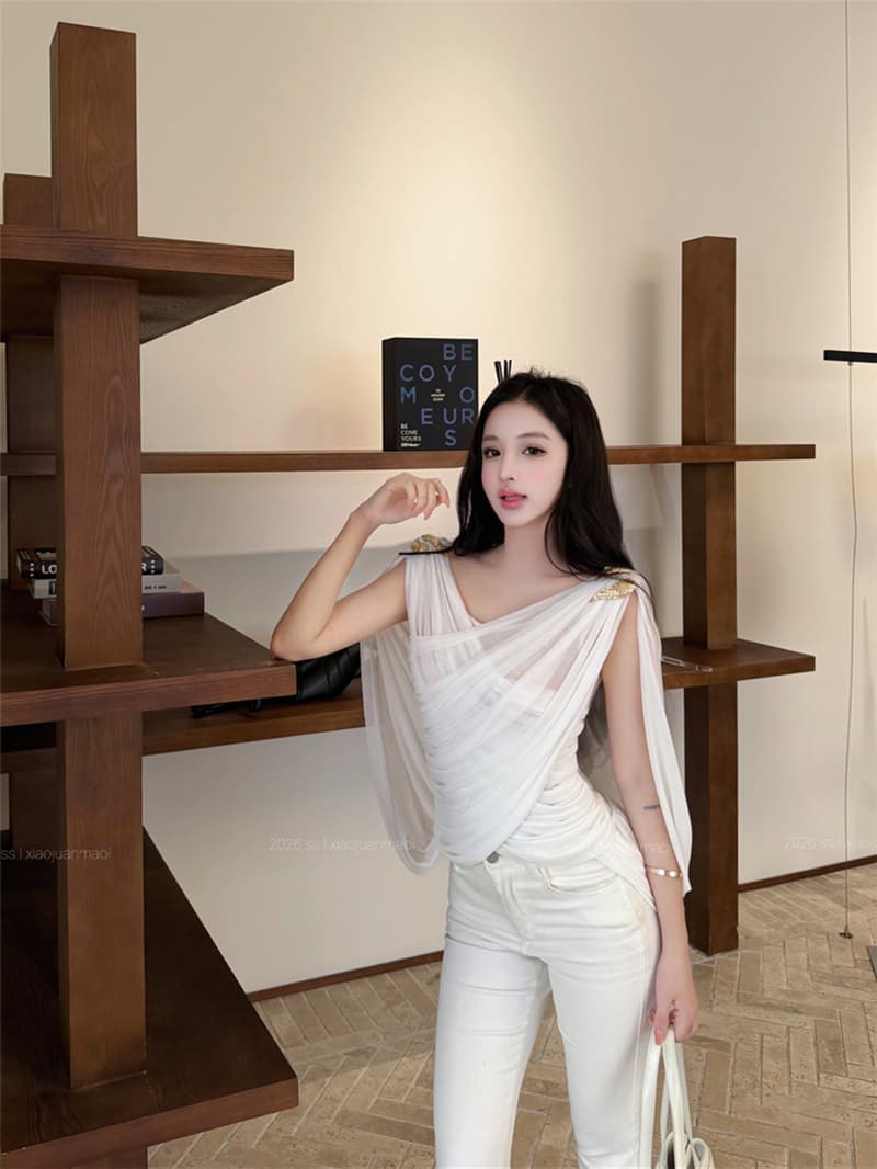 실사 여름 섹시함 화이트 도루 센스 펌프 Pleat 십자가 금속 조끼 맨위 여성 상세 이미지 11