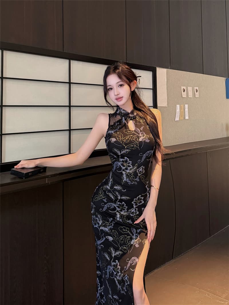 실사 여름 레트로 섹시함 국풍 레이스 조각 트임 슬림해 보이는 타이트 스커트 드레스 치파오 롱 스커트 여성 상세 이미지 2