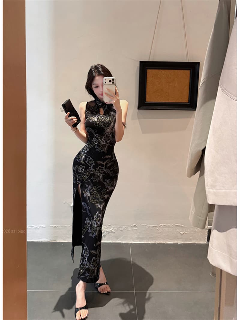 실사 여름 레트로 섹시함 국풍 레이스 조각 트임 슬림해 보이는 타이트 스커트 드레스 치파오 롱 스커트 여성 상세 이미지 7