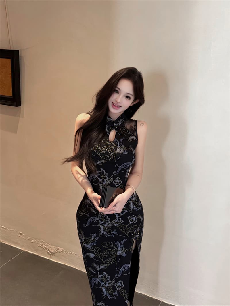 실사 여름 레트로 섹시함 국풍 레이스 조각 트임 슬림해 보이는 타이트 스커트 드레스 치파오 롱 스커트 여성 상세 이미지 16