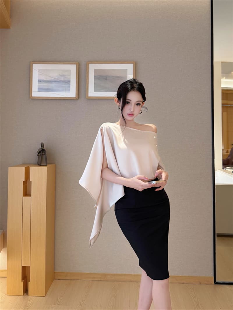 실사 여름 레트로 섹시함 비대칭 비스듬한 어깨 블라우스 맨위 튜브탑 타이트 스커트 트임 반신 치마 세트 여성 상세 이미지 1