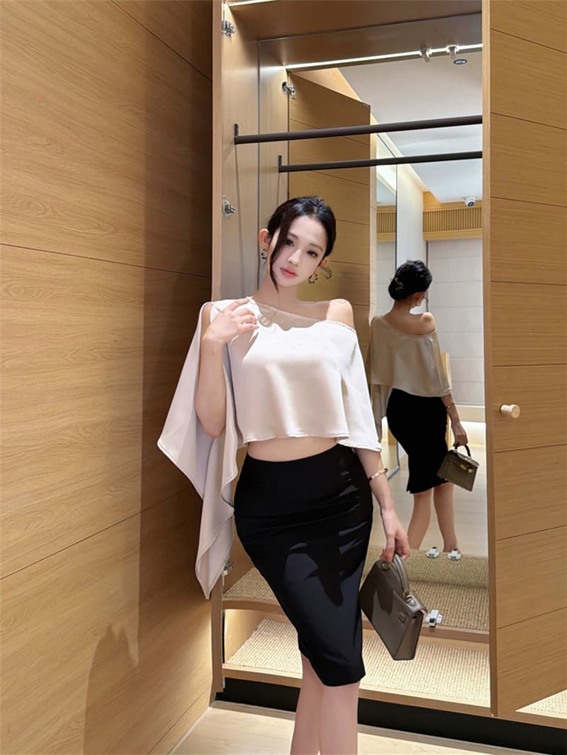 실사 여름 레트로 섹시함 비대칭 비스듬한 어깨 블라우스 맨위 튜브탑 타이트 스커트 트임 반신 치마 세트 여성 상세 이미지 3