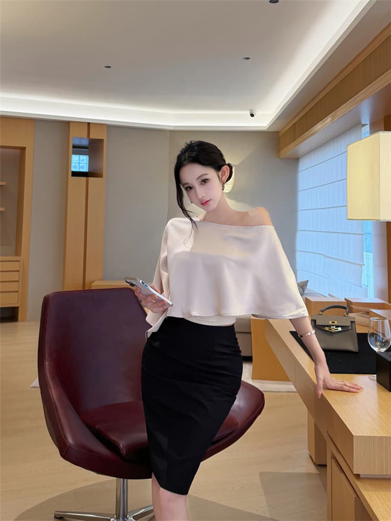실사 여름 레트로 섹시함 비대칭 비스듬한 어깨 블라우스 맨위 튜브탑 타이트 스커트 트임 반신 치마 세트 여성 상세 이미지 10