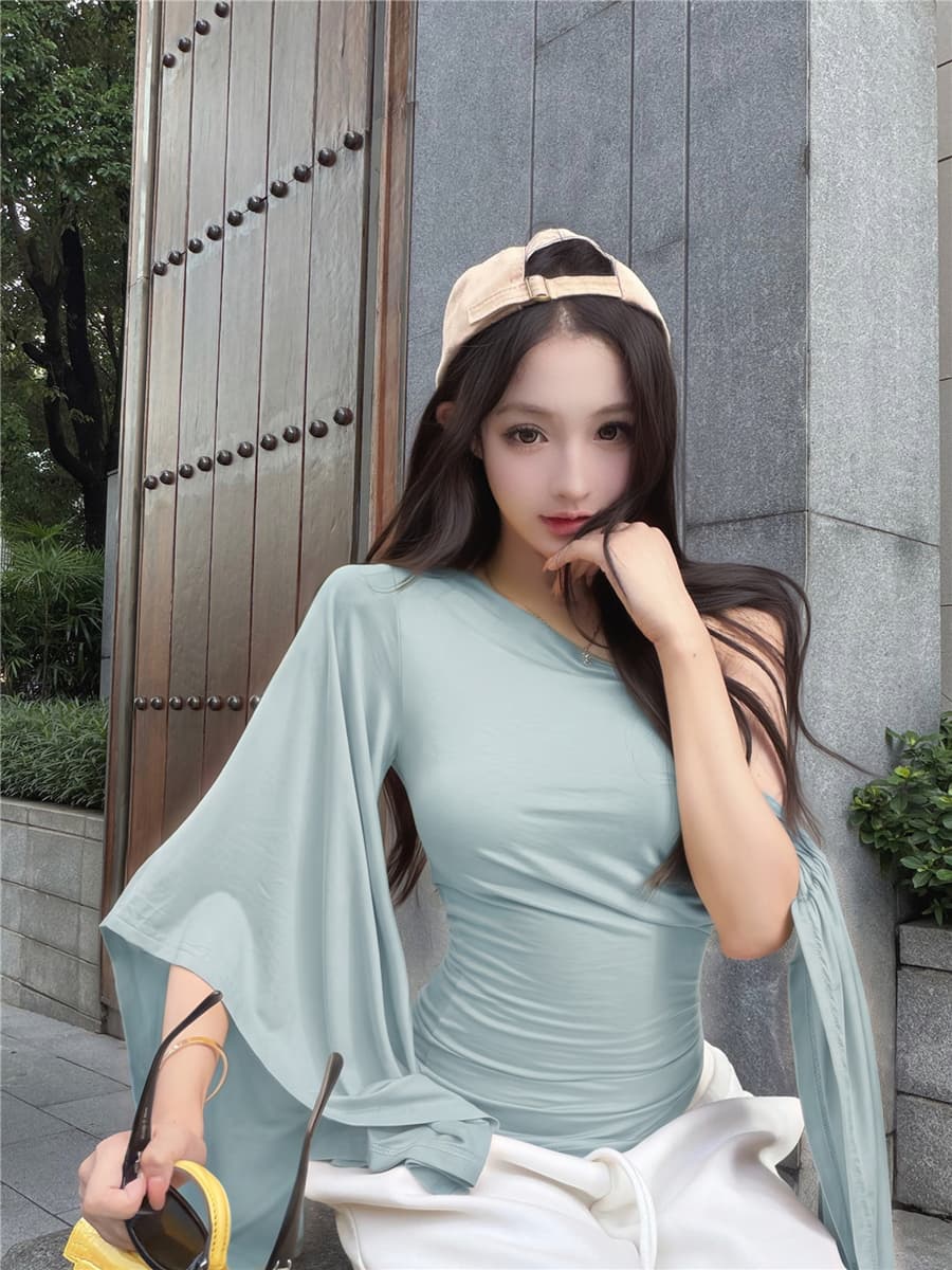 실사 여름 레트로 섹시함 불규칙 비스듬한 어깨 리본 허리 수축 슬림해 보이는 맨위 티셔츠 여성 이미지 3