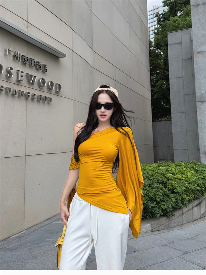 실사 여름 레트로 섹시함 불규칙 비스듬한 어깨 리본 허리 수축 슬림해 보이는 맨위 티셔츠 여성 상세 이미지 1