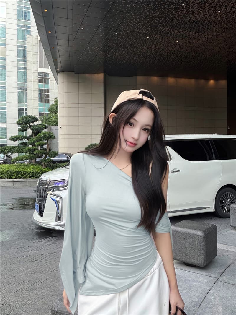 실사 여름 레트로 섹시함 불규칙 비스듬한 어깨 리본 허리 수축 슬림해 보이는 맨위 티셔츠 여성 상세 이미지 9